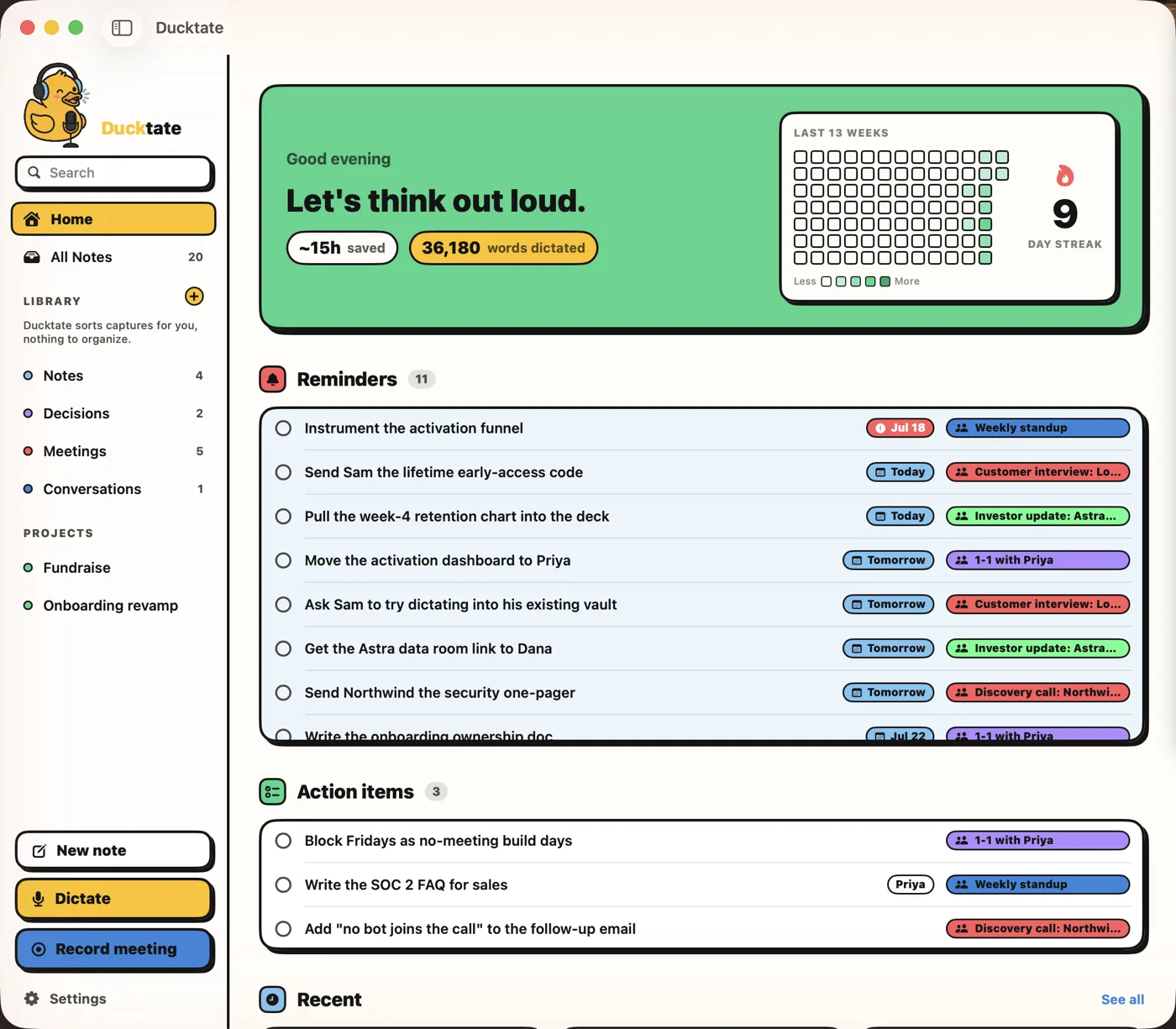 The Ducktate home screen showing words dictated, time saved, reminders, and action items