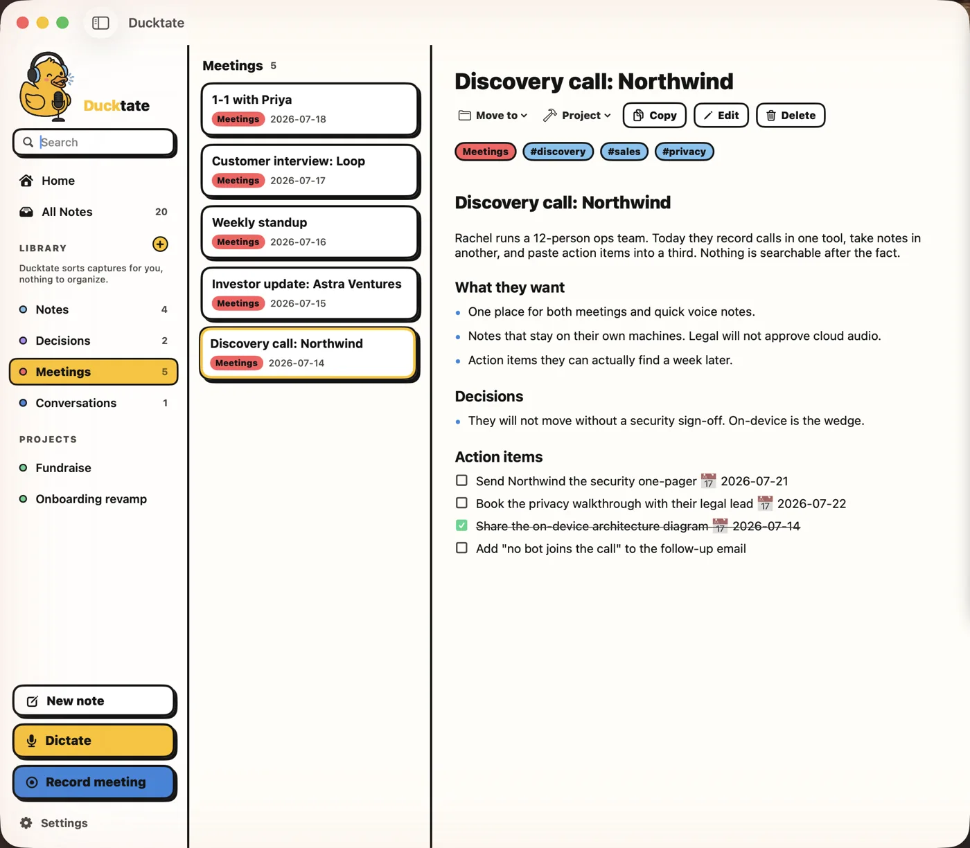 A finished Ducktate meeting note with a summary, decisions, and checkbox action items