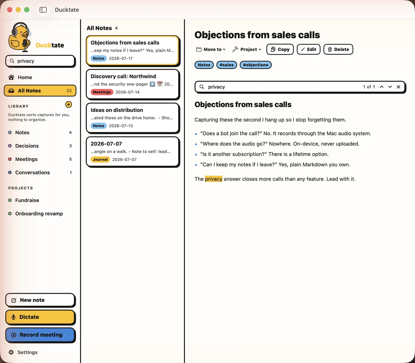 Full-text search across every note in the Ducktate library