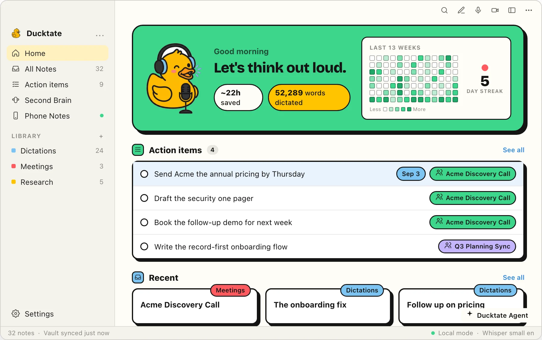 The Ducktate home screen with action items from the Acme Discovery Call